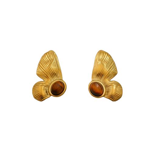 304 Stainless Steel Stud Earring, with Tiger Eye, Flower, plated, fashion jewelry & for woman 