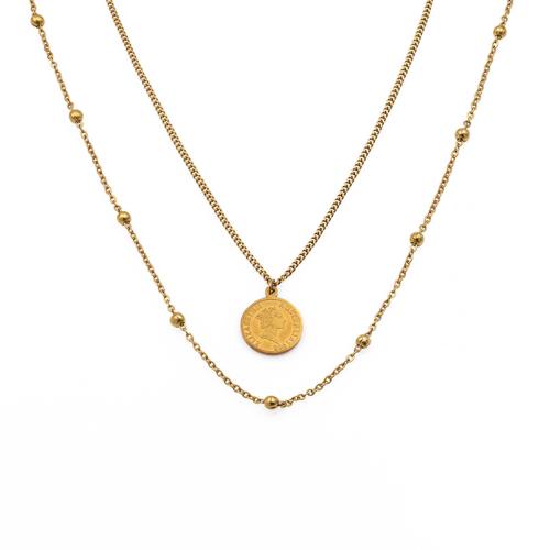 Titanium Steel Necklace, with 2inch extender chain, Flat Round, gold color plated, Double Layer & for woman Approx 14.6 Inch 