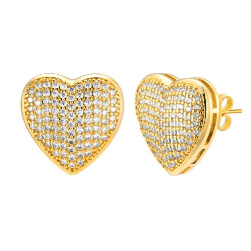 Rhinestone Brass Stud Earring, Heart, 18K gold plated, fashion jewelry & for woman & with rhinestone, 20mm 