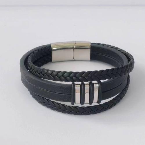 bracelet de cordon en PU , cuir PU, avec Acier inoxydable 304, bijoux de mode & longueur différente pour le choix & pour homme, noire, Vendu par PC