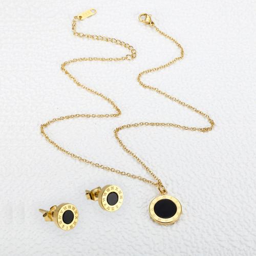 Titanium Steel Jewelry Set, Stud Earring & necklace, Round, gold color plated, for woman & enamel, black 