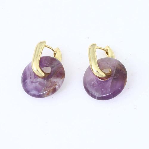 Gemstone Drop Earring, Brass, with Gemstone Chips, Round, gold color plated, for woman, purple 