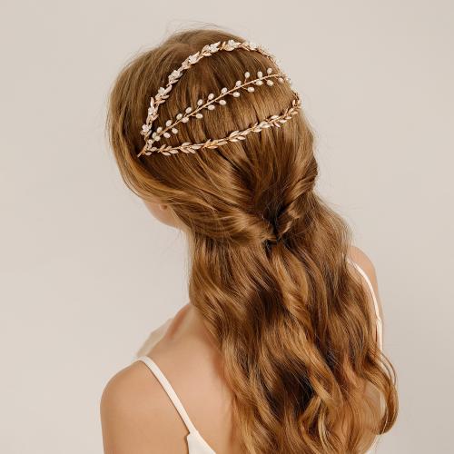 Hair Bands, Zinc Alloy, with Plastic Pearl, gold color plated, for woman & with rhinestone 