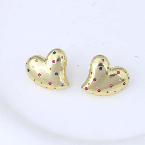 Cubic Zirconia Micro Pave Brass Earring, Heart, gold color plated, micro pave cubic zirconia & for woman, multi-colored 
