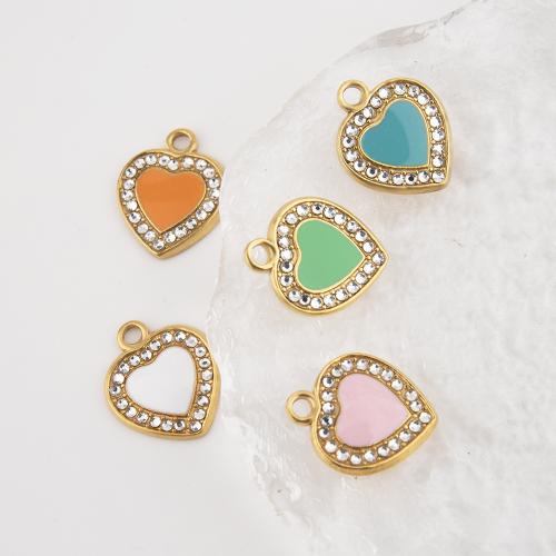 Stainless Steel Heart Pendants, 304 Stainless Steel, gold color plated, DIY & enamel & with rhinestone 