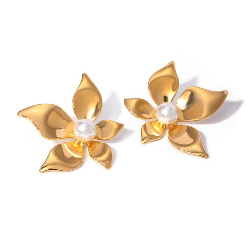 Stainless Steel Stud Earring, 304 Stainless Steel, with Plastic Pearl, petals, plated, for woman, golden 