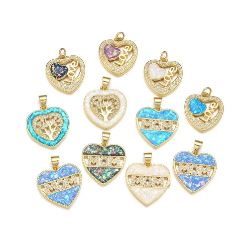 Cubic Zirconia Micro Pave Brass Pendant, with Opal, Heart, plated, DIY & micro pave cubic zirconia 
