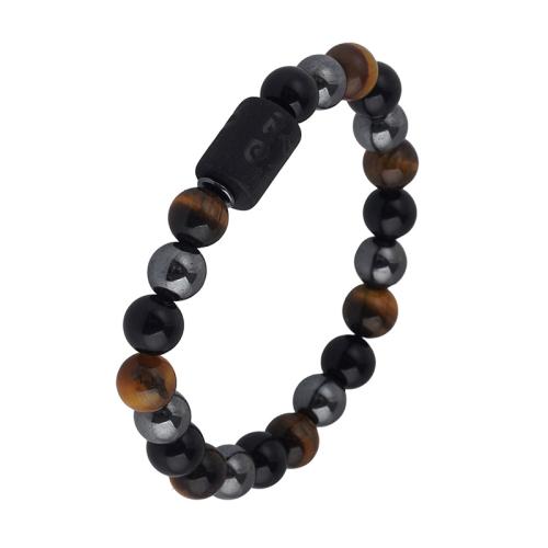 Tiger Eye Stone Bracelets, Natural Stone, with Black Magnetic Stone & Obsidian & Tiger Eye, handmade, Unisex black Approx 19 cm 