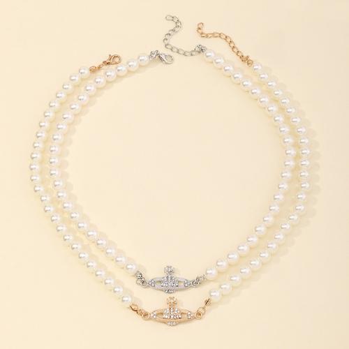 Plastic Pearl Necklace, Zinc Alloy, with Plastic Pearl, with 5cm extender chain, plated, micro pave cubic zirconia & for woman cm 