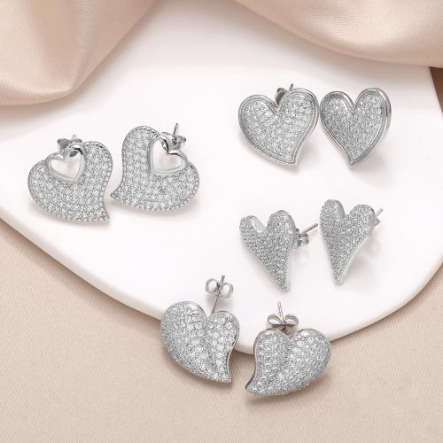 Cubic Zirconia Micro Pave Brass Earring, Heart, silver color plated, fashion jewelry & micro pave cubic zirconia, silver color 