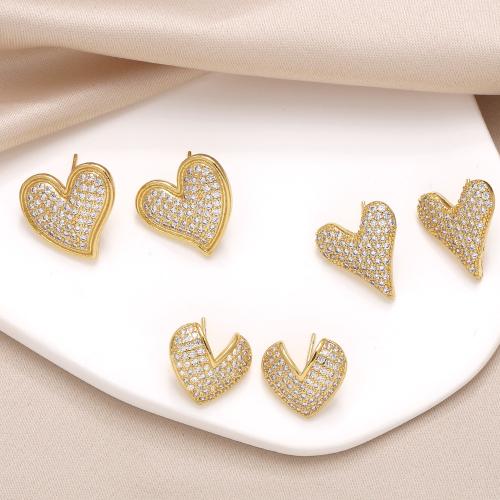 Cubic Zirconia Micro Pave Brass Earring, Heart, gold color plated, fashion jewelry & micro pave cubic zirconia, golden 