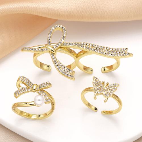 Cubic Zirconia Micro Pave Brass Finger Ring, with Plastic Pearl, gold color plated, fashion jewelry & micro pave cubic zirconia, golden 