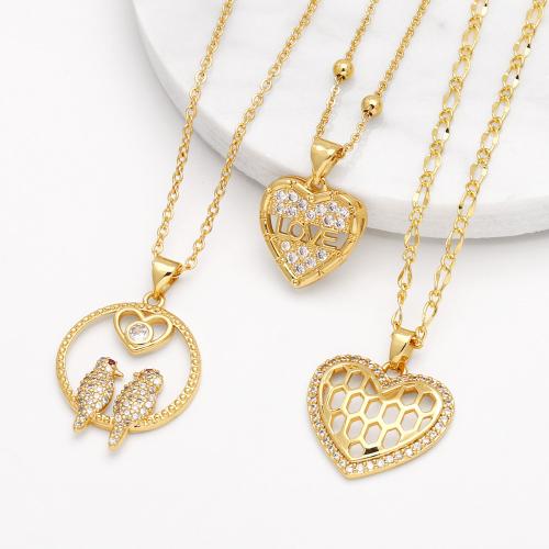 Cubic Zircon Micro Pave Brass Necklace, Heart, gold color plated, fashion jewelry & micro pave cubic zirconia, golden 