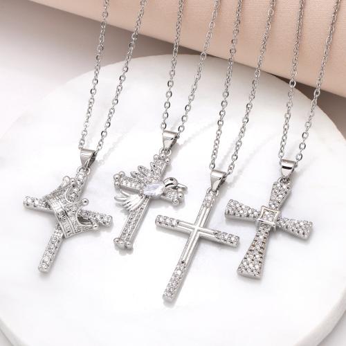 Cubic Zircon Micro Pave Brass Necklace, with 5cm extender chain, Cross, silver color plated, fashion jewelry & micro pave cubic zirconia, silver color cm 