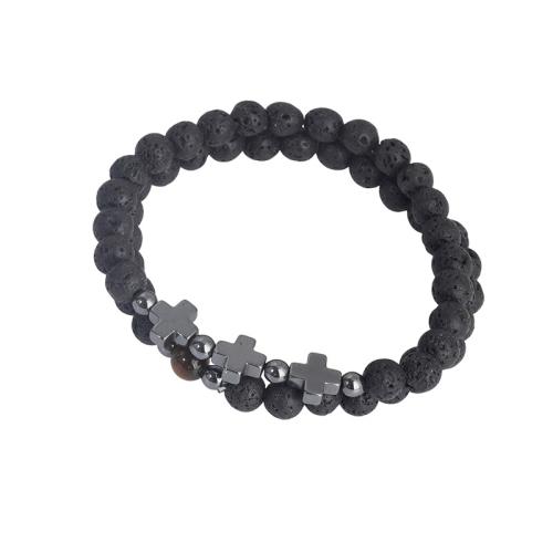 Gemstone Bracelets, Lava, with Magnet & Tiger Eye, handmade, Unisex, black Approx 18 cm 