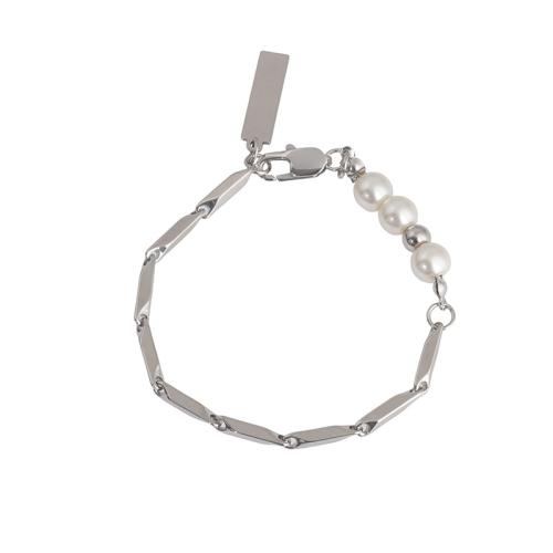 Glass Pearl Jewelry Bracelets, 304 Stainless Steel, with Glass Pearl, with 5CM extender chain, plated, for woman, silver color Approx 16.5 cm 