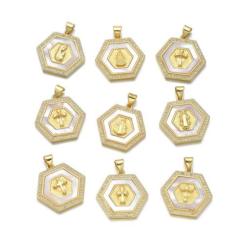 Cubic Zirconia Micro Pave Brass Pendant, with Shell, plated, DIY & micro pave cubic zirconia, golden 