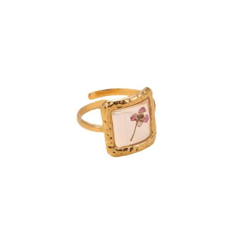 Stainless Steel Finger Ring, 304 Stainless Steel, with Dried Flower, epoxy gel & for woman, golden 