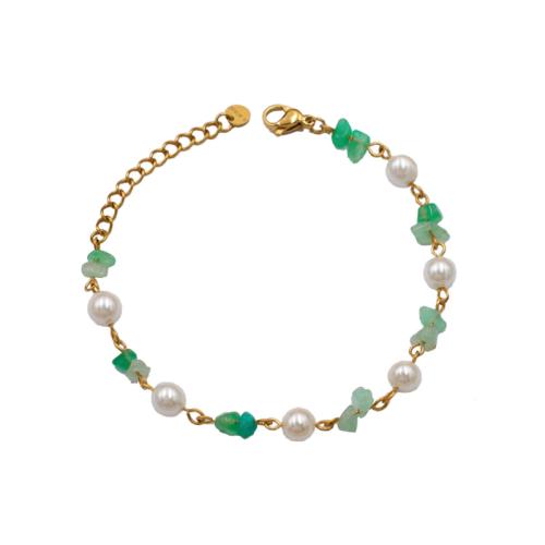 304 Stainless Steel Bracelet, with Gemstone & Plastic Pearl, with 1.6inch extender chain, gold color plated, fashion jewelry & for woman Approx 5.9 Inch 