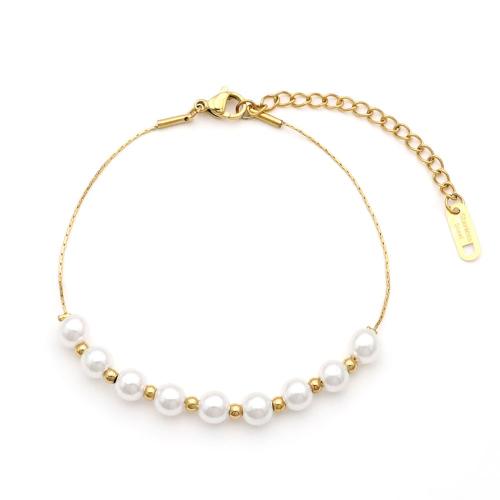 Titanium Steel Bracelet, with Plastic Pearl, with 2inch extender chain, gold color plated, fashion jewelry & for woman Approx 6.5 Inch 
