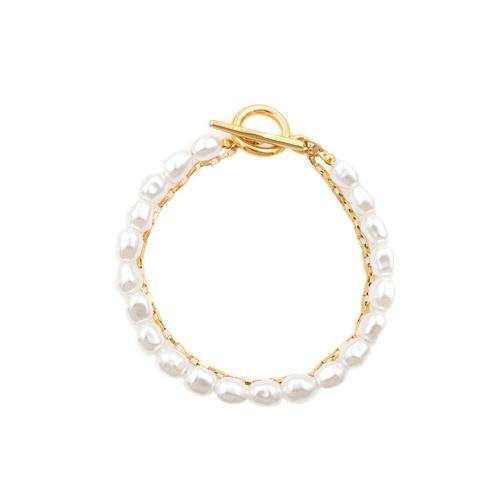 304 Stainless Steel Bracelet, with Plastic Pearl, gold color plated, Double Layer & fashion jewelry & for woman Approx 6.3 Inch 