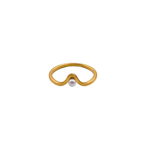 Titanium Steel Finger Ring, with Shell Pearl, Letter V, gold color plated, fashion jewelry & for woman, US Ring 