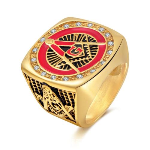 チタン鋼 指輪, ゴールドメッキ, フリーメーソンの宝石 & 異なるサイズの選択 & 男性用 & エナメル & ライン石のある, サイズ:8-13, 売り手 パソコン