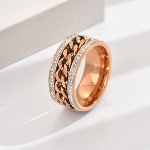 Titanium Steel Finger Ring, rose gold color plated, Unisex & with rhinestone, US Ring 