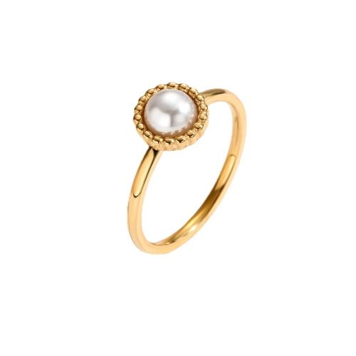 Titanium Steel Finger Ring, with Plastic Pearl, gold color plated & for woman, US Ring 