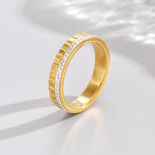 Titanium Steel Finger Ring, gold color plated & for woman & with rhinestone, US Ring 