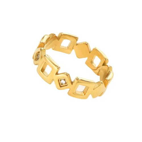 Titanium Steel Finger Ring, Geometrical Pattern, gold color plated & for woman & with rhinestone & hollow, US Ring 