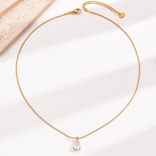 304 Stainless Steel Necklace, with 2inch extender chain, Teardrop, gold color plated, snake chain & for woman & with cubic zirconia Approx 15.7 Inch 