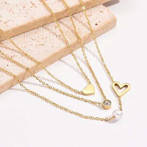 Titanium Steel Necklace, with Plastic Pearl, with 2.36inch extender chain, Heart, gold color plated, three layers & oval chain & micro pave cubic zirconia & for woman Approx 15 Inch 