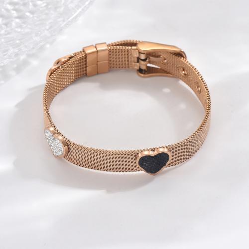 Titanium Steel Bracelet, Heart, rose gold color plated, adjustable & micro pave cubic zirconia & for woman Approx 6-9 Inch 