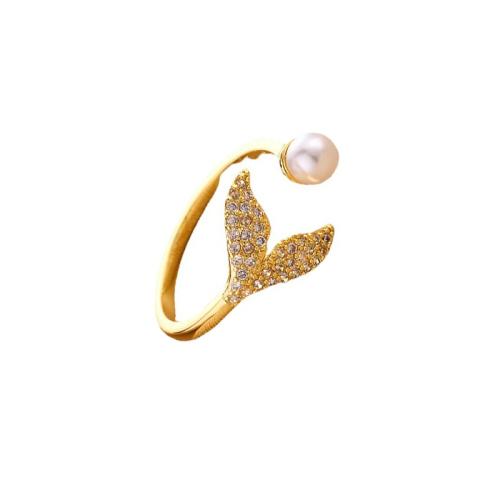 Cubic Zirconia Micro Pave Brass Finger Ring, with ABS Plastic Pearl, fashion jewelry & micro pave cubic zirconia & for woman, golden, US Ring 