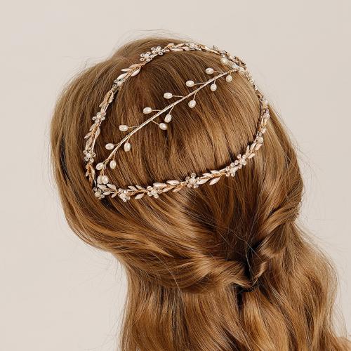 Hair Bands, Zinc Alloy, with Plastic Pearl, gold color plated, for woman & with rhinestone 