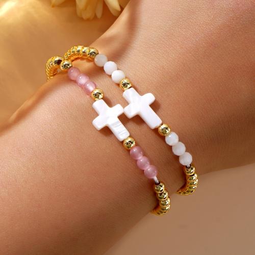Gemstone Bracelets, Brass, with White Lip Shell & Gemstone Chips, Cross, gold color plated, for woman .5 cm 