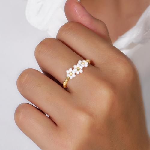 Anillo de dedo de latón, Seedbead, con metal, Flor, para mujer, Blanco, longitud:6 cm, Vendido por UD