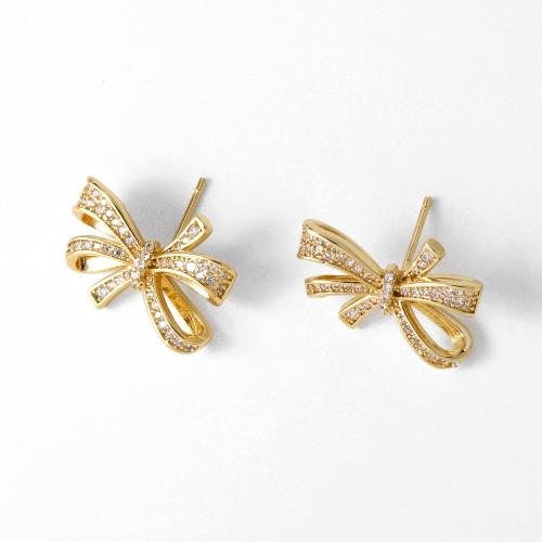 Cubic Zirconia Micro Pave Brass Earring, Bowknot, gold color plated, fashion jewelry & micro pave cubic zirconia, Crystal Gold 