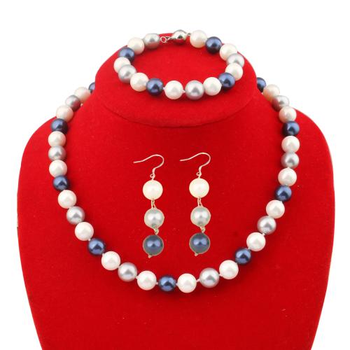 South Sea Shell Jewelry Sets, Shell Pearl, three pieces & fashion jewelry, mixed colors, Bead 10mm, bracelet 19cm, necklace 45cm 
