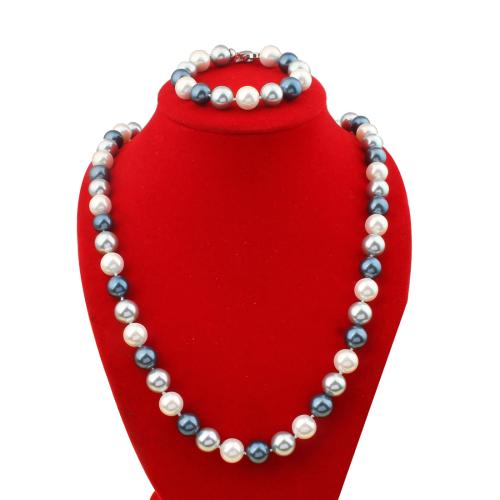South Sea Shell Jewelry Sets, Shell Pearl, 2 pieces & fashion jewelry, mixed colors, Bead 12mm, bracelet 19cm, necklace 65cm 