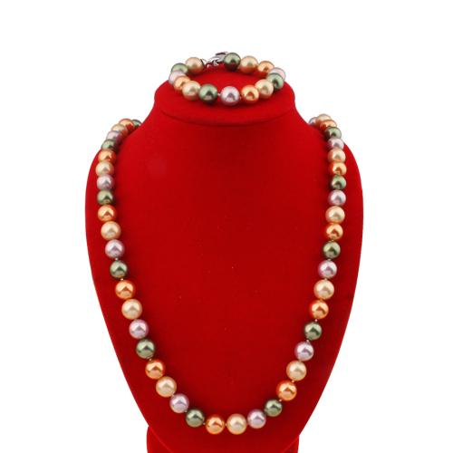 South Sea Shell Jewelry Sets, Shell Pearl, 2 pieces & fashion jewelry, mixed colors, Bead 12mm, bracelet 19cm, necklace 70cm 