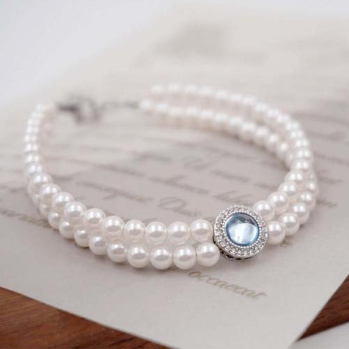Kristall Perlen Armbänder, Kristallperle, mit Aquamarin & Messing, mit Verlängerungskettchen von 5cm, Modeschmuck, weiß, Länge:18 cm, verkauft von PC