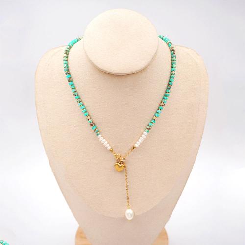 Turquoise Freshwater Pearl Necklace, with Titanium Steel & Freshwater Pearl, with 8cm extender chain, fashion jewelry, blue cm 