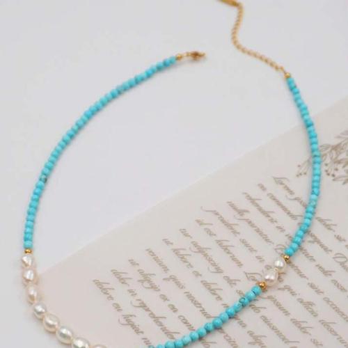 Natural Freshwater Pearl Jewelry Sets, turquoise, with Titanium Steel & Freshwater Pearl, fashion jewelry blue, Necklace 38+6cm, bracelet 18+5cm 