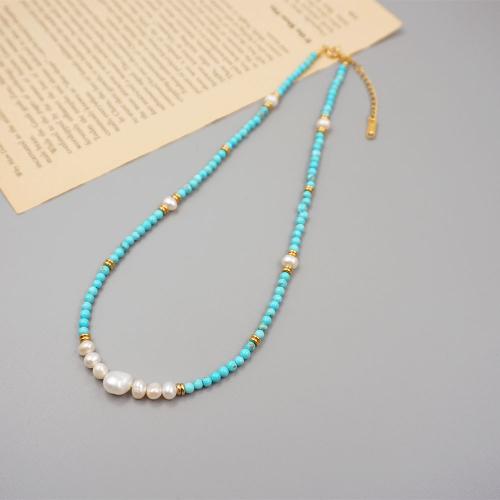 Natural Freshwater Pearl Jewelry Sets, turquoise, with Titanium Steel & Freshwater Pearl, fashion jewelry blue, Necklace 41+6cm, bracelet 18+5cm 