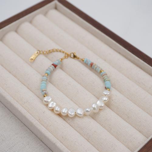 Natural Freshwater Pearl Jewelry Sets, with Titanium Steel & Synthetic Turquoise, fashion jewelry mixed colors, Necklace 41+6cm, bracelet 17+5cm 