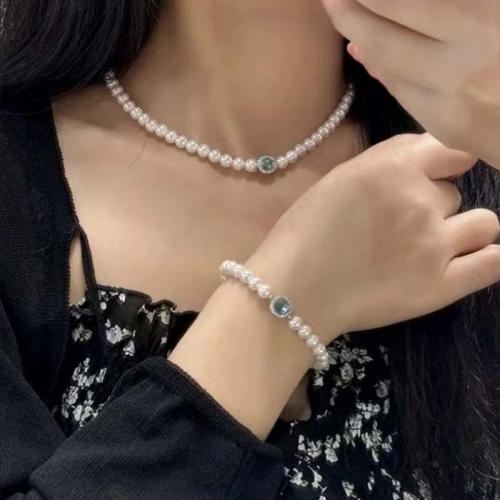 Crystal Jewelry Sets, Crystal Pearl, with Titanium Steel & Aquamarine & Brass, fashion jewelry white, Necklace 42cm, bracelet 18+4cm 