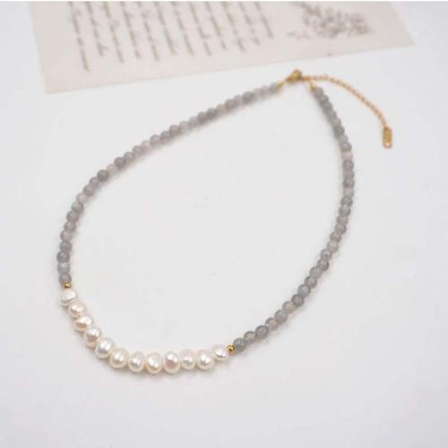Natural Freshwater Pearl Jewelry Sets, Moonstone, with Titanium Steel & Freshwater Pearl, fashion jewelry mixed colors, Necklace 38+6cm, bracelet 16+5cm 