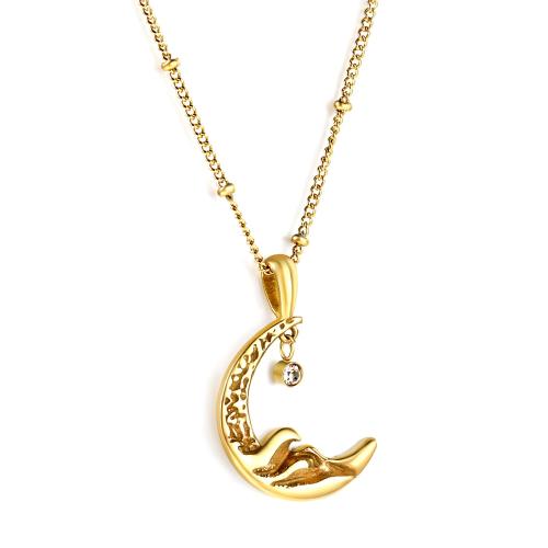 Stainless Steel Jewelry Necklace, 304 Stainless Steel, with 5cm extender chain, Moon, gold color plated, fashion jewelry & for woman & with rhinestone cm 